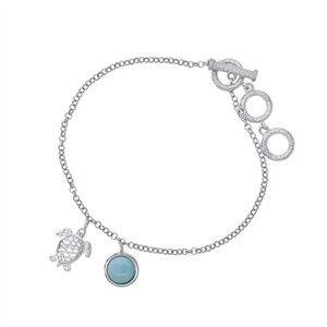 925 Sterling  Silver Larimar Round Shape w Plain Turtle Charm Toggle Bracelet 8"